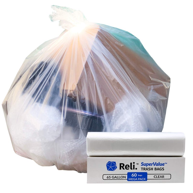 Reli. SuperValue 65 Gallon Trash Bags | 60 Count | Made in USA | Heavy Duty | Clear Multi-Use Garbage Bags - Image 1